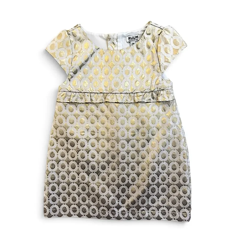 RUUM Girls Gold Metallic Jacquard Party Dress | Size 2Y